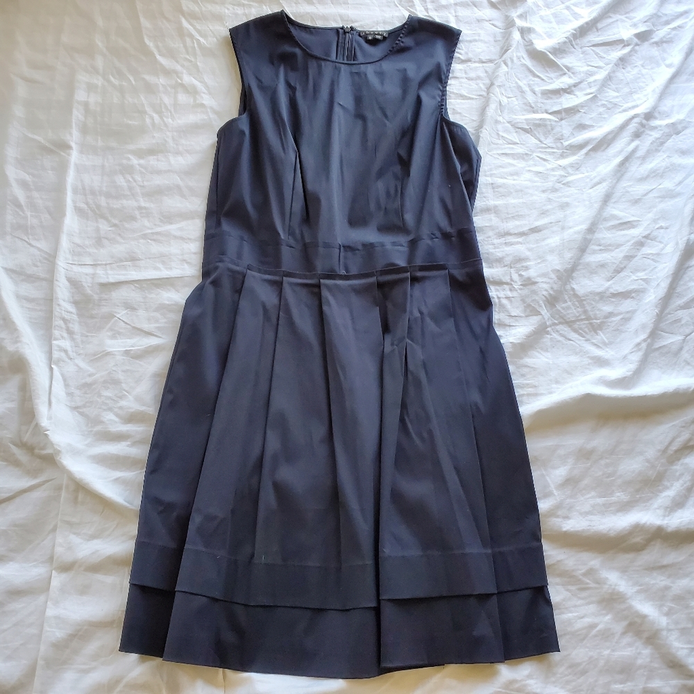 Theory Navy Blue Stretch Cotton Pleated Dress 6 - Picture 3 of 5